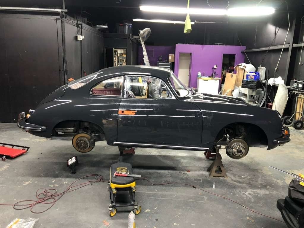 Porsche 356 SC side profile after wet sand and buff, deep Slate Grey gloss in the shop