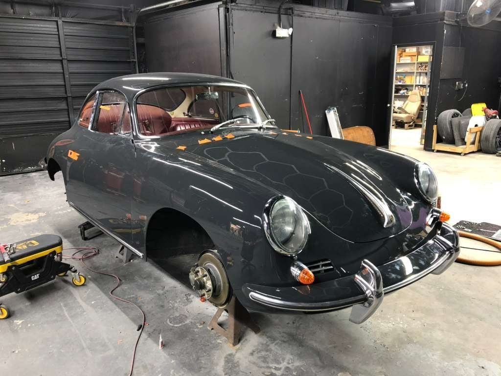 Porsche 356 SC after wet sanding and buffing — deep Slate Grey gloss, ready for reassembly